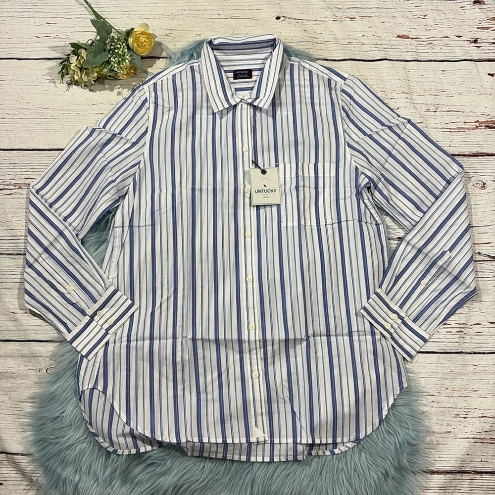 NWT UNTUCKit Pinot Perse Button Down Shirt Long Sleeve Striped Blue White